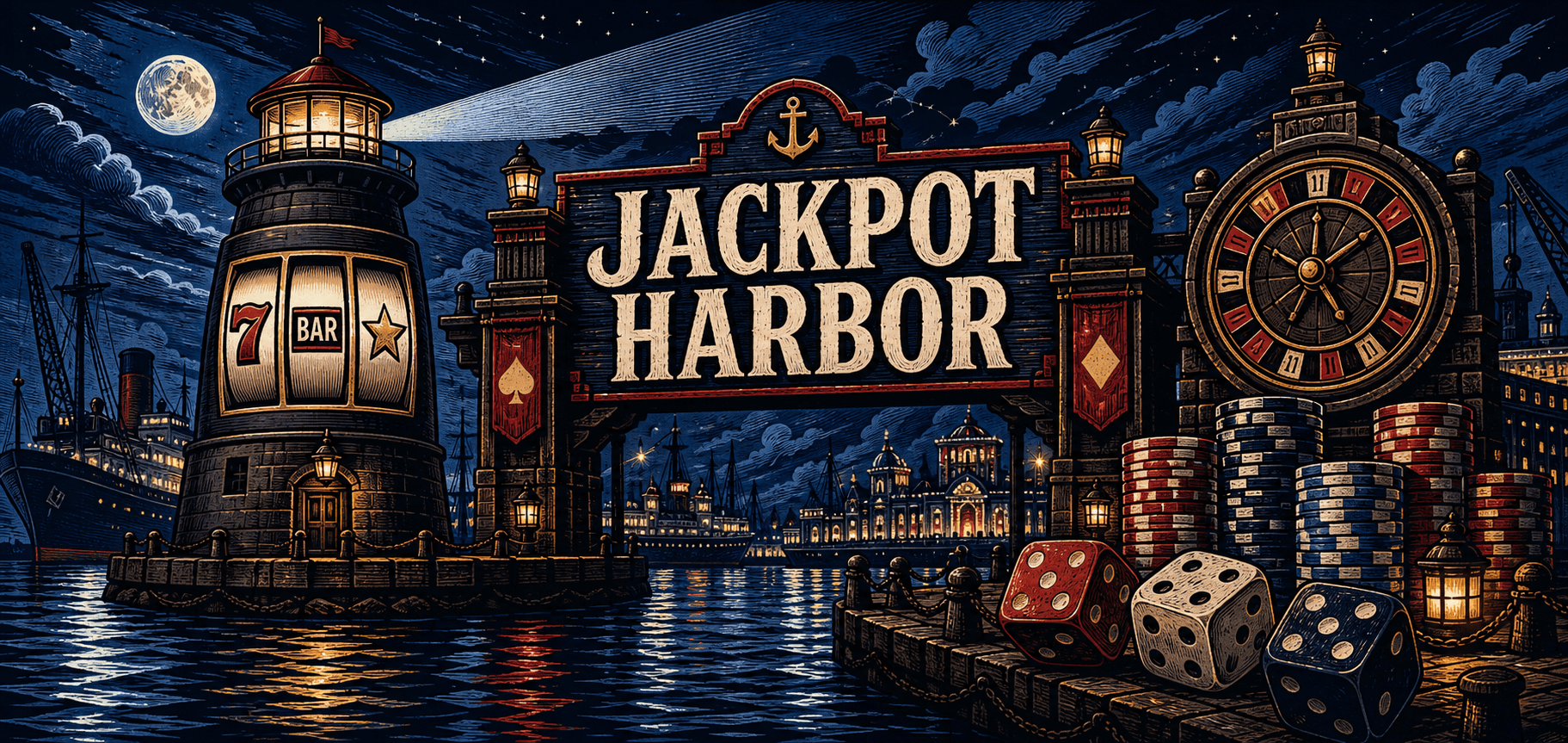 Jackpot Harbor night casino port with slot lighthouse, roulette, chips, and dice