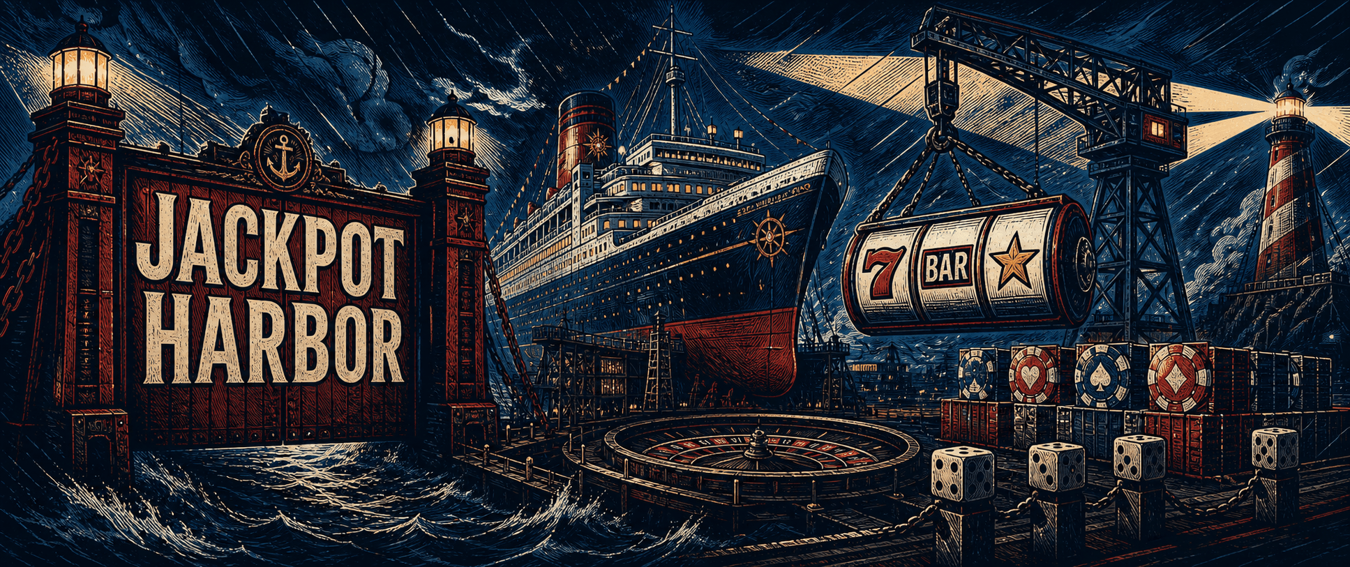 Jackpot Harbor casino shipyard with suspended slot reels and roulette dock