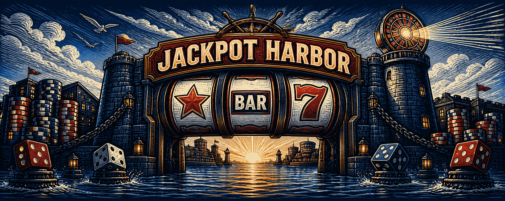 Jackpot Harbor fortified casino gate with giant slot reels and dice markers